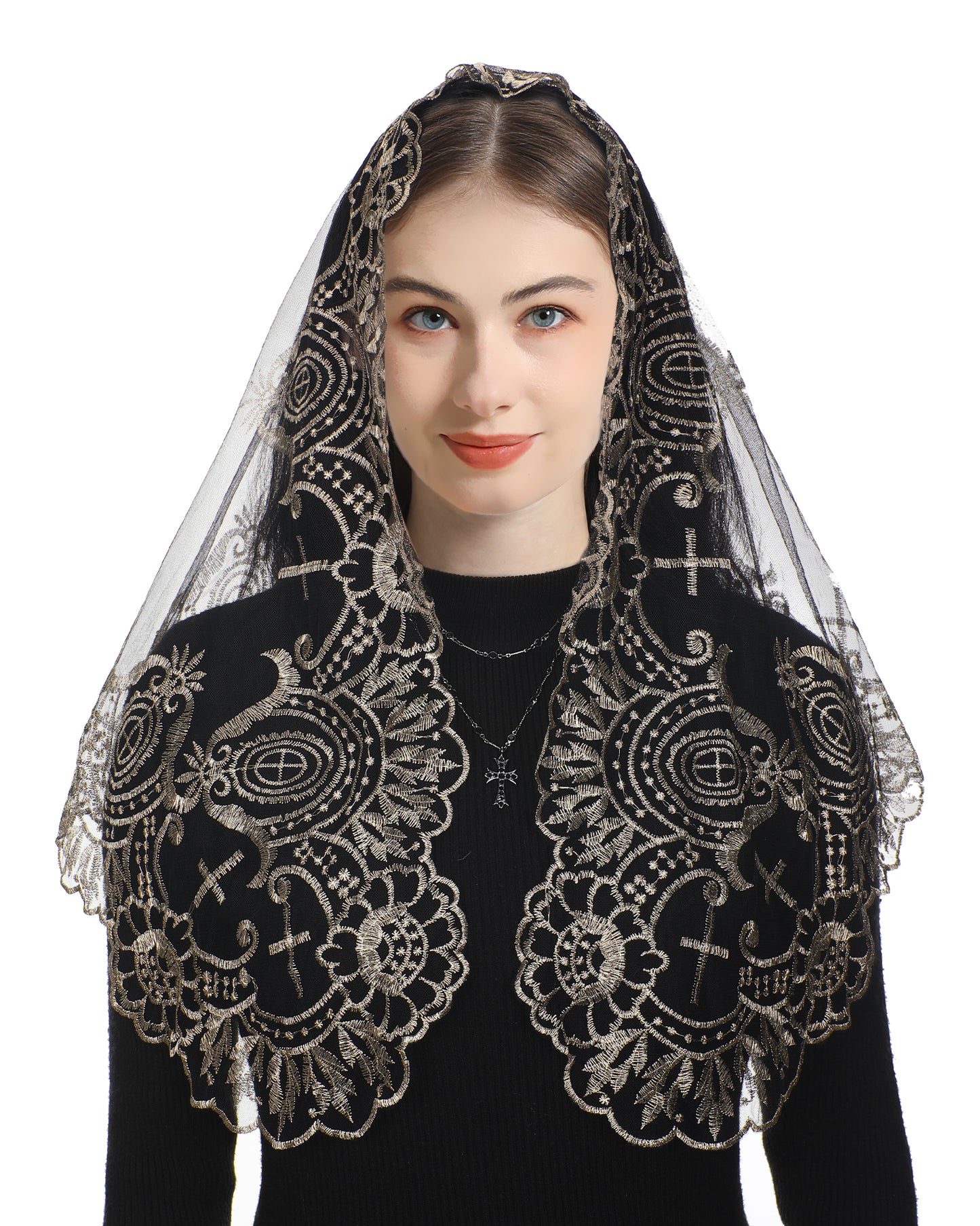 Bozidol Camellia Sacred Heart Cross Veil - Embroidered Sacred Heart Cross Church Wedding Veil with Camellia