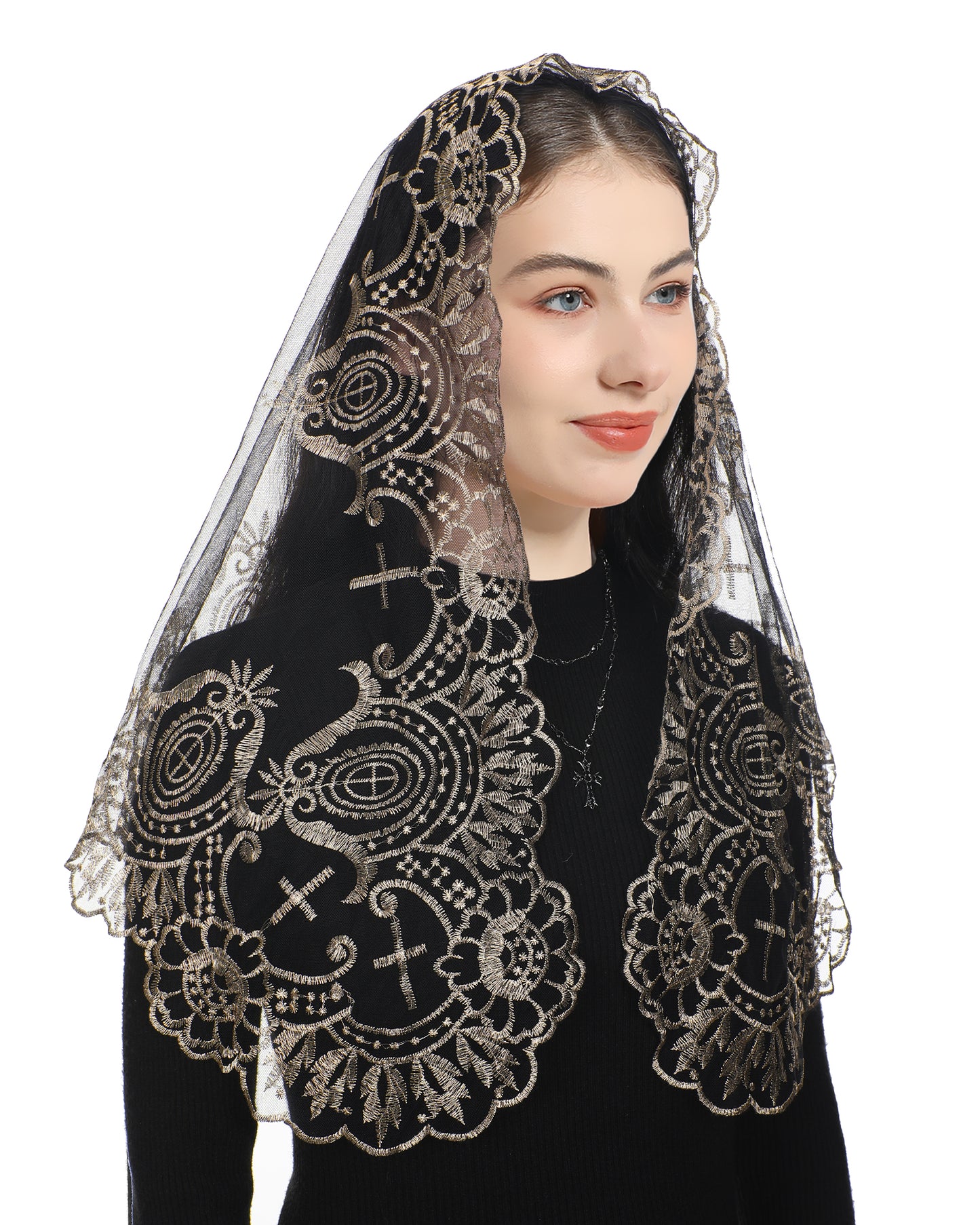 Bozidol Camellia Sacred Heart Cross Veil - Embroidered Sacred Heart Cross Church Wedding Veil with Camellia