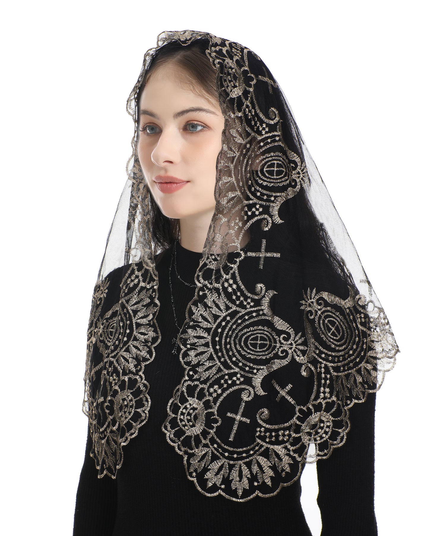 Bozidol Camellia Sacred Heart Cross Veil - Embroidered Sacred Heart Cross Church Wedding Veil with Camellia