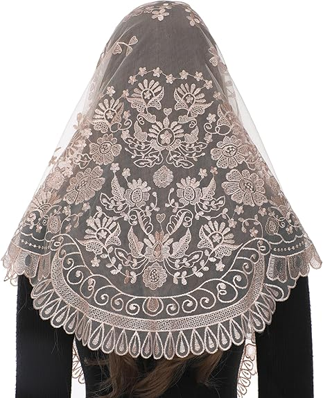 Bozidol Triangle Catholic Chapel Mantilla Veils - Short Camellia Embroidery Latin Mass Scarf Church Lace Veil with Gift Box