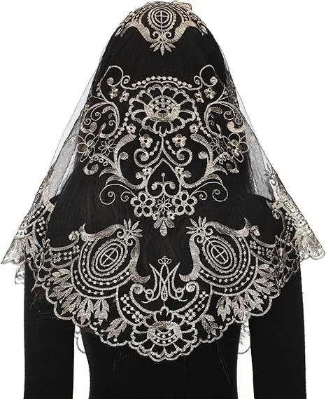 Bozidol Triangle Catholic Chapel Mantilla Veils - Short Camellia Embroidery Latin Mass Scarf Church Lace Veil with Gift Box