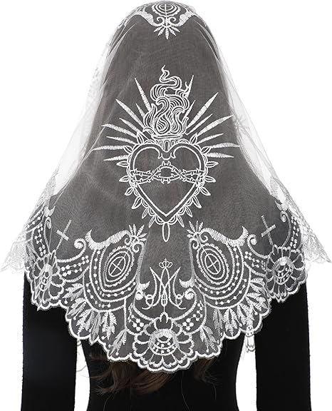 Bozidol Cross Religious Lace Veil- Catholic Embroidered Cross and Shell Creative Design Religious Ladies Prayer Lace Veil