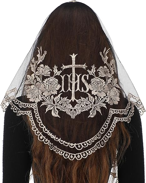 Bozidol Cross Religious Lace Veil- Catholic Embroidered Cross and Shell Creative Design Religious Ladies Prayer Lace Veil