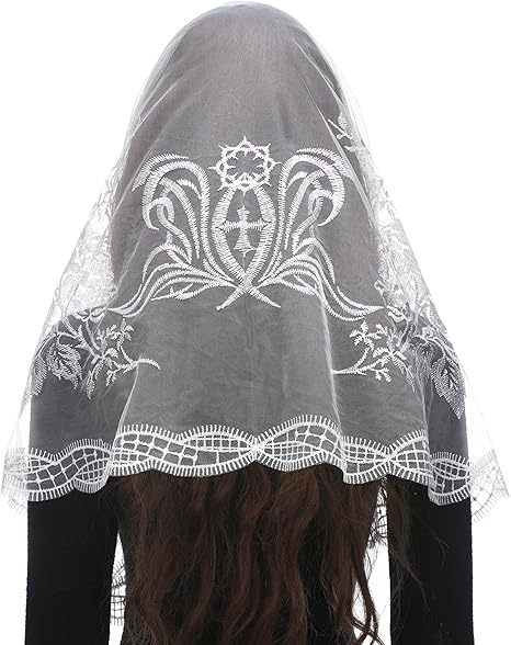 Bozidol Traditional Triangular church veil - Spanish Style with Holy Grail Embroidery Lace Mantilla veil for women