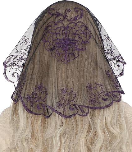 Bozidol Mantilla Veils for Church Catholic, Small Sacred Heart Cross Lace Chapel Veil, Latin Mass Head Coverings for Women