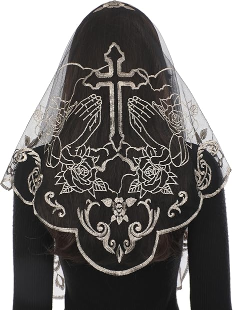Bozidol Mantilla Veils for Church Catholic, Triangle Praying Hands and Cross Chapel Veil, Latin Mass Head Coverings for Women
