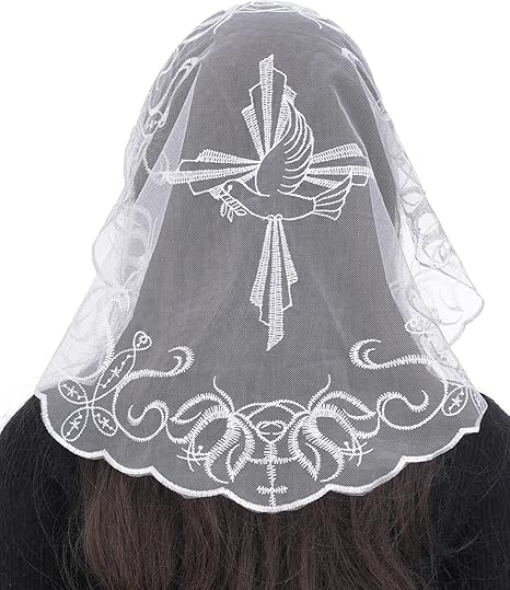 Bozidol Round Veils for Church Catholic, Small Cross and Dove Lace Mantilla Chapel Veil, Lating Mass Head Coverings for Women