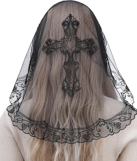 Bozidol Small Catholic Veils for Church, Christian Cross Lace Mantilla Chapel Veil, Latin Mass Head Coverings for Women Girls