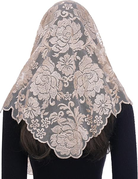 Bozidol Church Catholic Veils for Women, Triangle Floral Lace Mantilla Chapel Veil, Latin Mass Prayer Head Covering with Clip