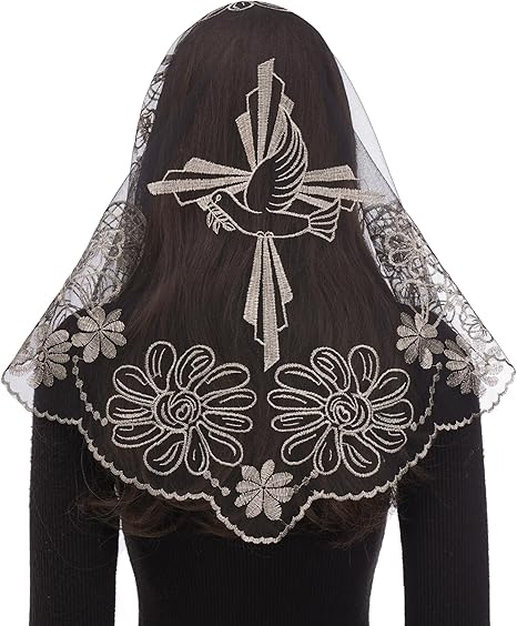 Bozidol Church Catholic Veils for Women, Triangle Cross and Dove Lace Mantilla Chapel Veil, Latin Mass Prayer Head Coverings