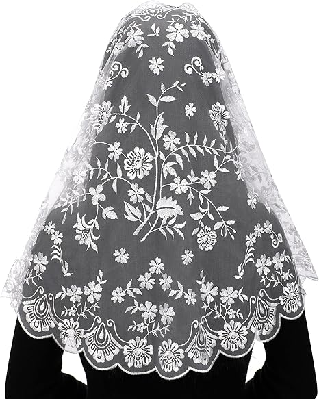 Bozidol Church Mantilla Catholic Veil: Women D Shaped Camellia Floral Embroidered Lace Chapel Veils Latin Mass Head Coverings