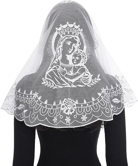 Bozidol Veils for Church Catholic, D Shaped Madonna and Child Mantilla Chapel Veil, Latin Mass Lace Head Coverings for Women
