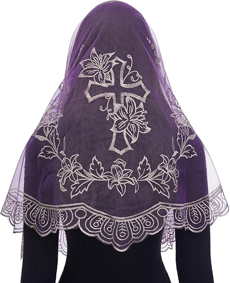 Bozidol Church Catholic Veils for Women, Long D Shaped Floral and Cross Chapel Veil, Latin Mass Lace Mantilla Head Coverings