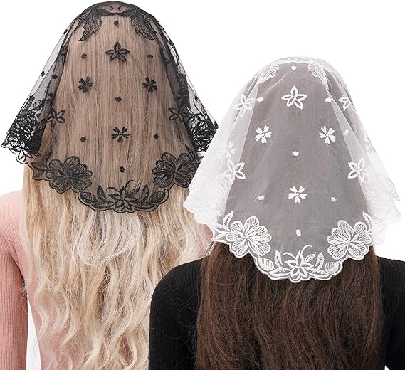 Bozidol 2 Pack Floral Chapel Veils for Church Catholic, Small Flower Lace Mantilla Prayer Mass Head Coverings for Women Girls