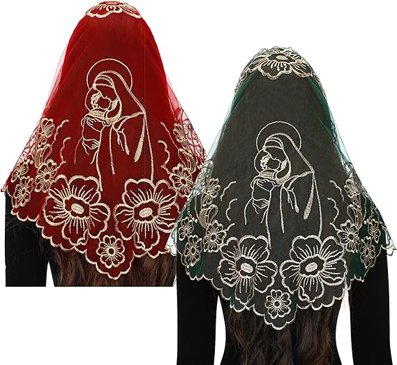 Bozidol 2 Pack Veils for Church Catholic, Virgin and Child Lace Mantilla Chapel Veil, Latin Mass Head Coverings for Women