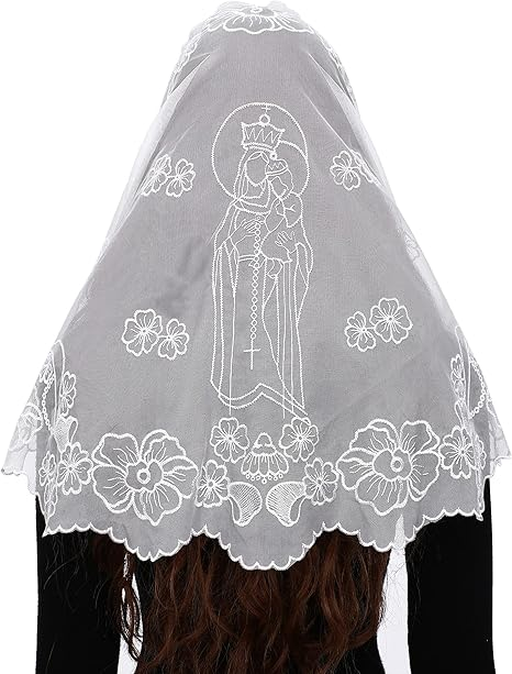 Bozidol Church Veil Lace Mantilla - D Shape Virgin Mary Embroidery Head Covering Spanish Catholic Mass Veil for Women