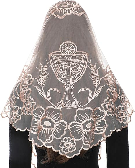 Bozidol Church Triangular Head covering - Cross Chalice Embroidered Vintage Church Veil for Women