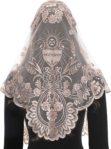 Bozidol Traditional Triangular church veil - Spanish Style with Holy Grail Embroidery Lace Mantilla veil for women