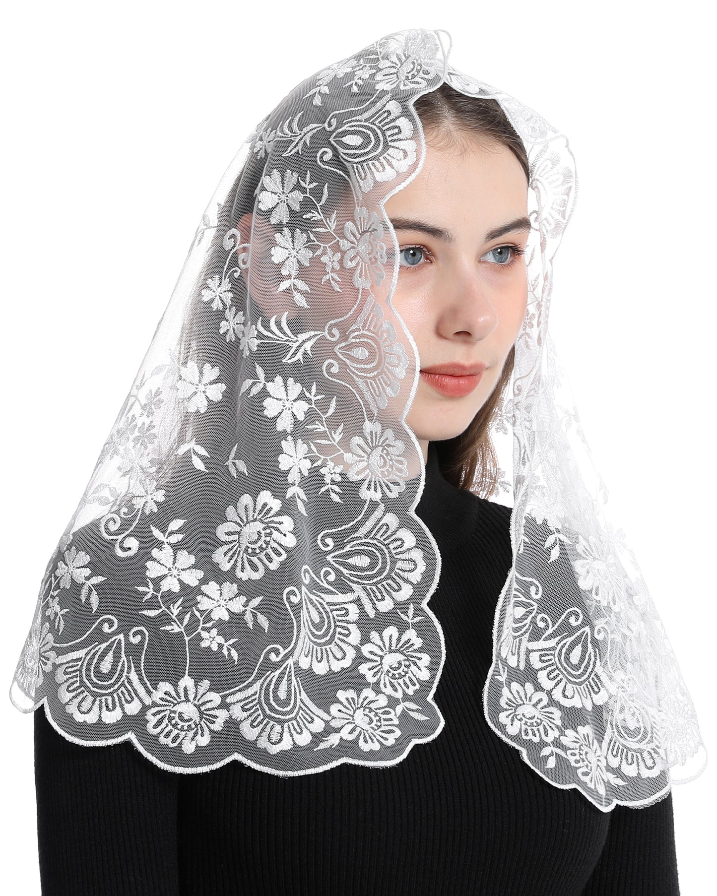 Bozidol Catholic Mantilla Church Veil Spanish Chapel Lace Mass Scarf Veil First Communion Veil for Religious Girls (White)