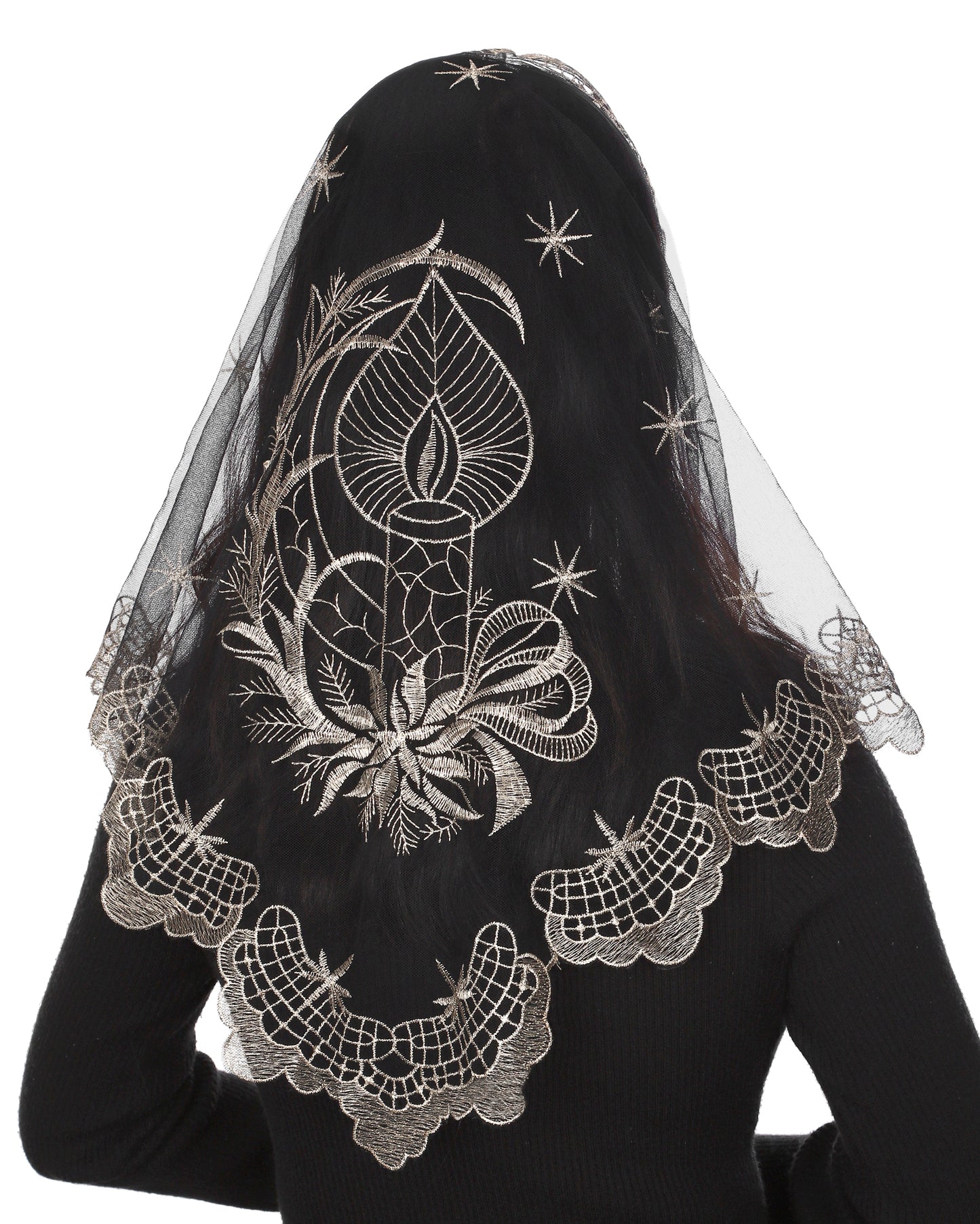 Bozidol Church Veil Triangular Mantilla - Cross Chalice Embroidered Vintage Catholic Mass Veil for Women