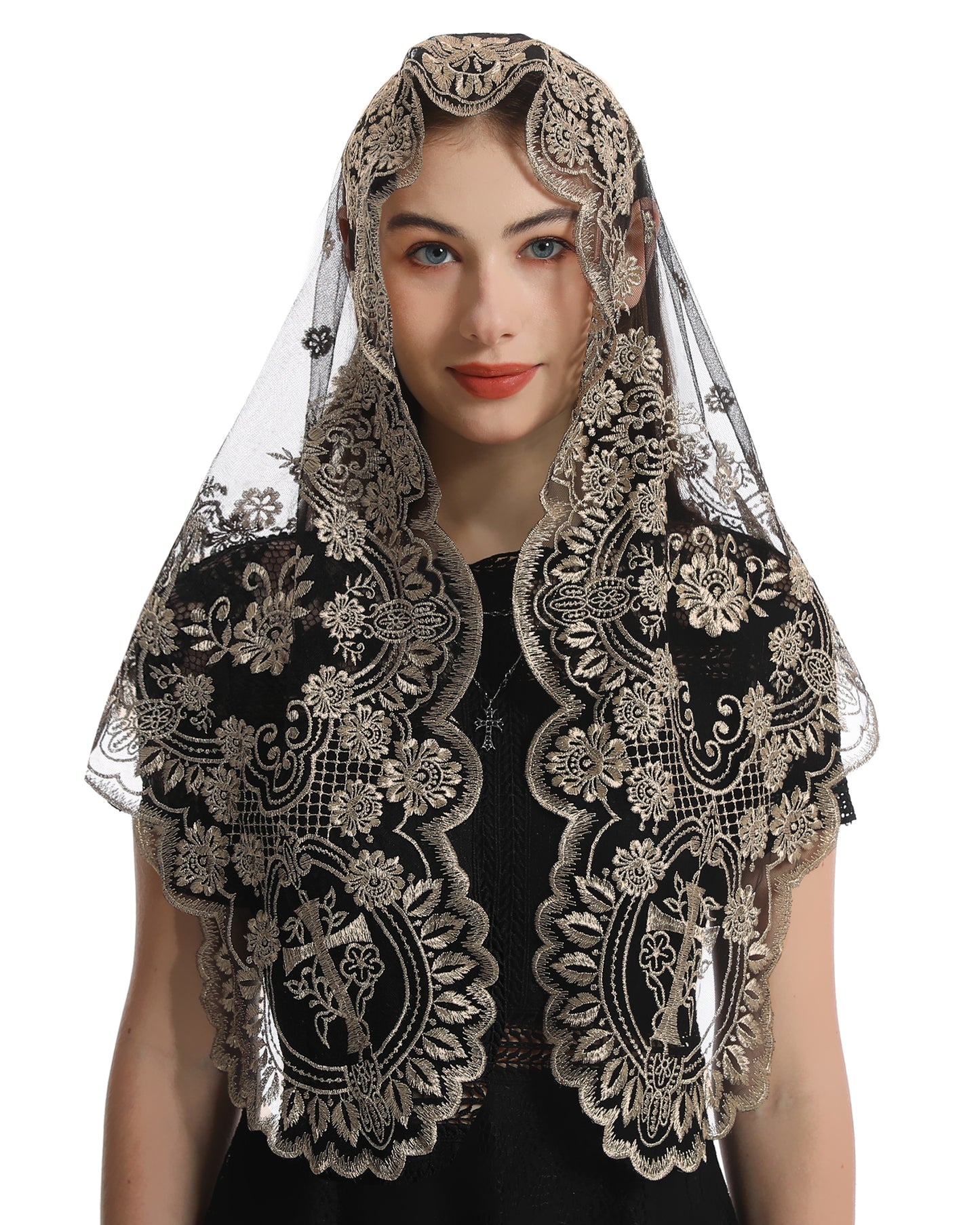 Bozidol Church Triangular Head covering - Cross Chalice Embroidered Vintage Church Veil for Women