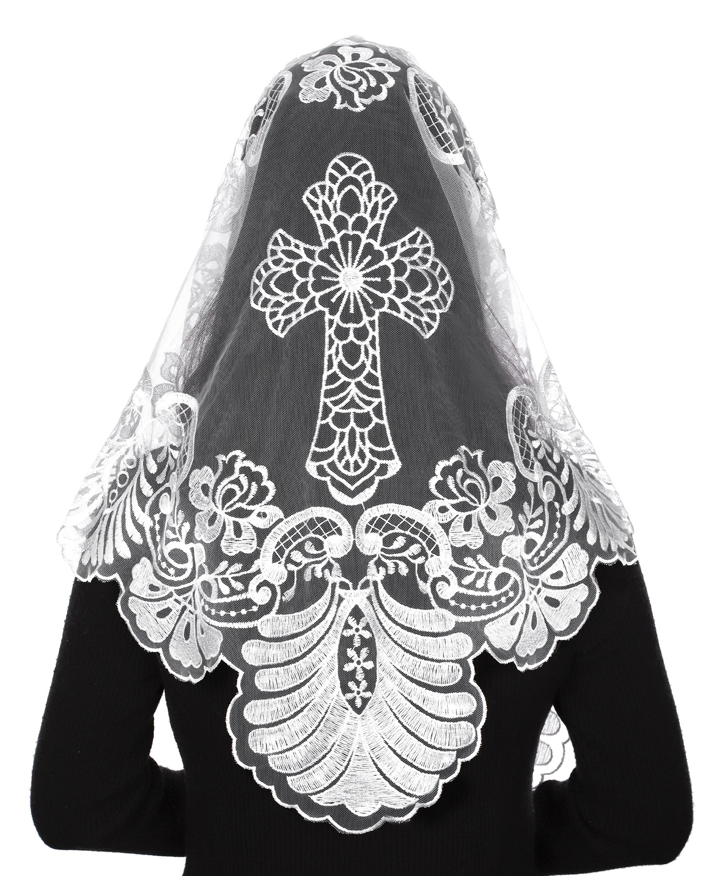 Bozidol Church Veil Catholic Mass Headband - Sacred Heart Embroidered Lace Triangle Headpiece Floral Church Veil