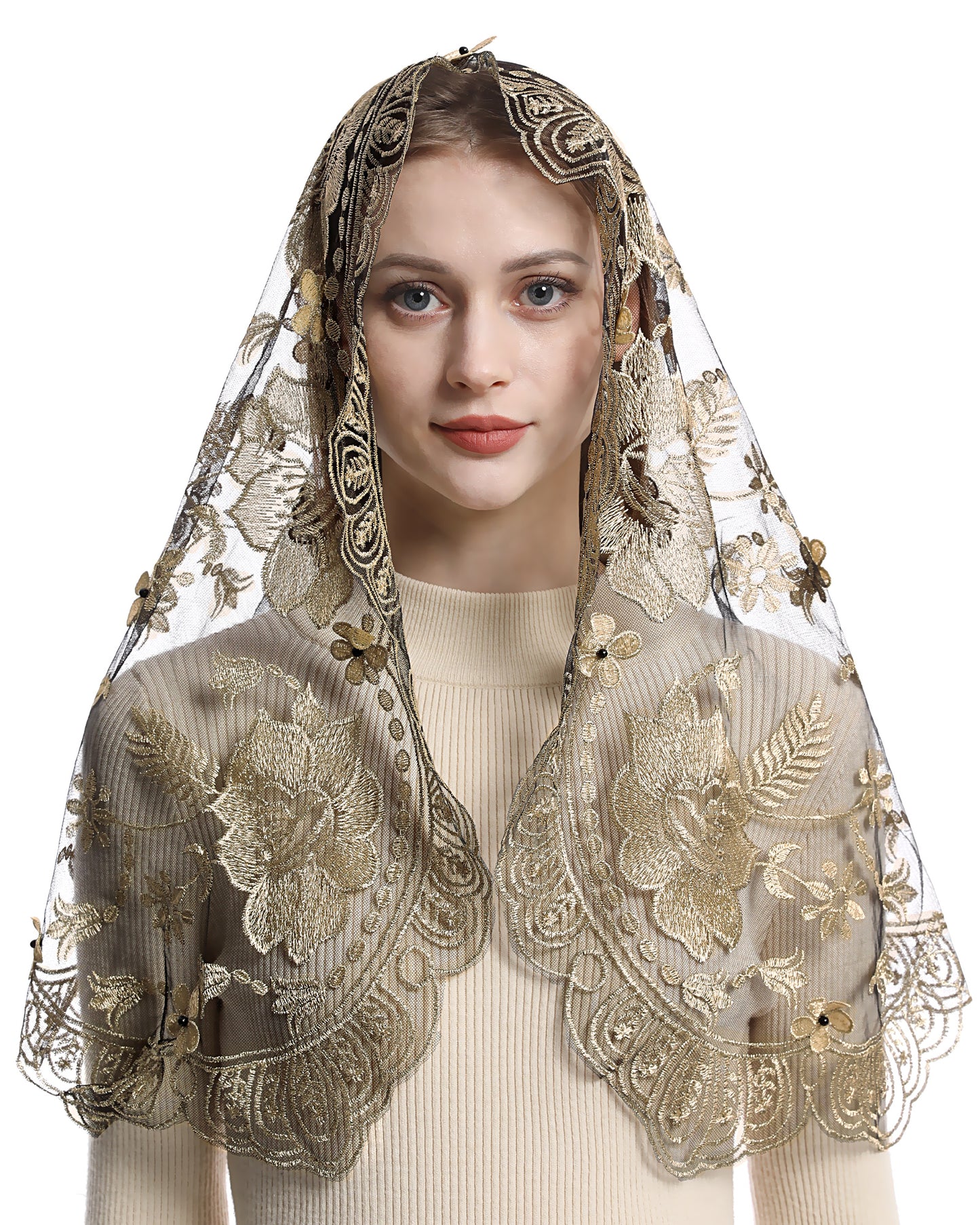 Bozidol Catholic Chapel Mantilla Veil Spanish Lace Head Covering Church Mass Veil for Religious Christian (Black-Gold)