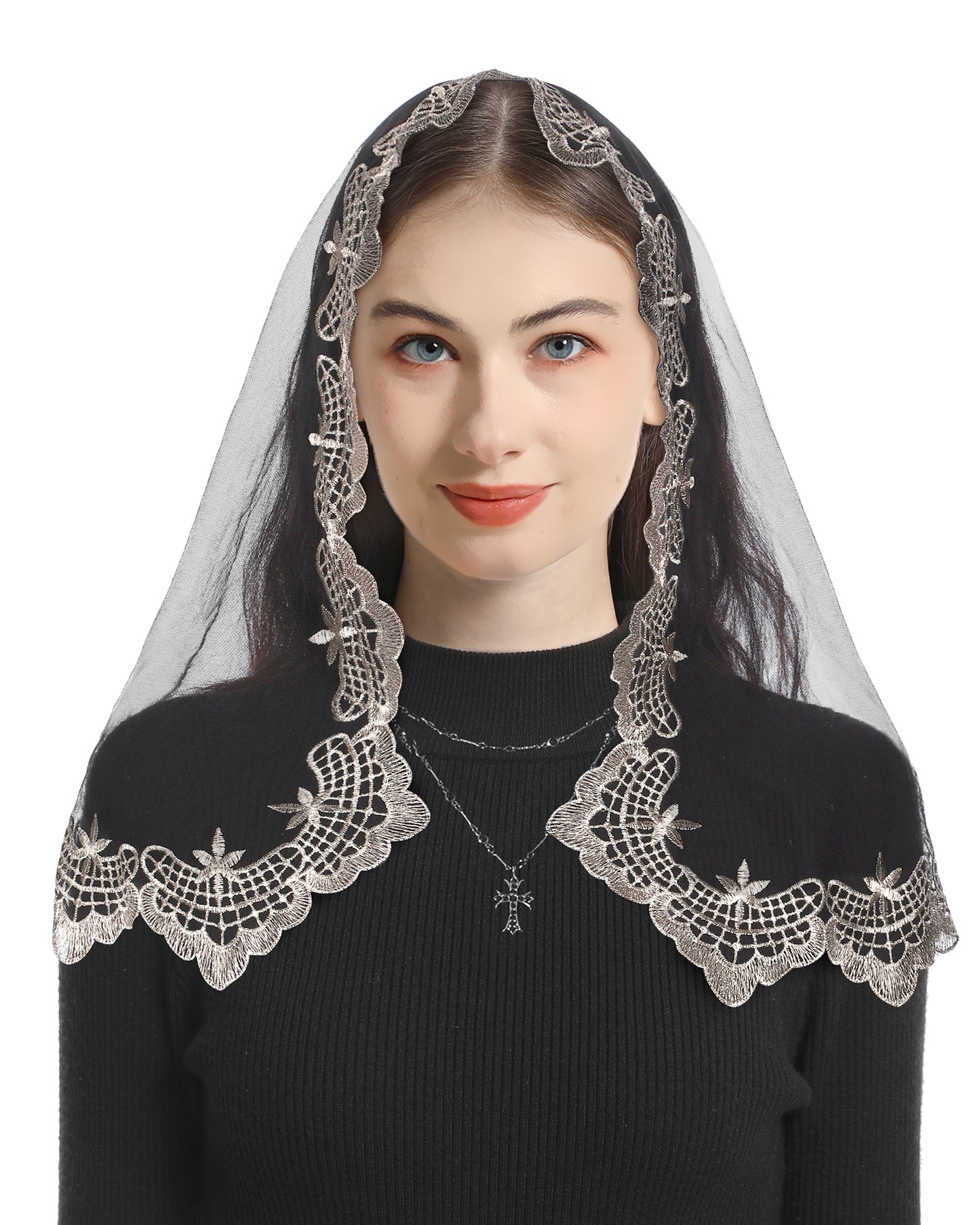 Bozidol Church Veil Triangular Mantilla - Cross Chalice Embroidered Vintage Catholic Mass Veil for Women