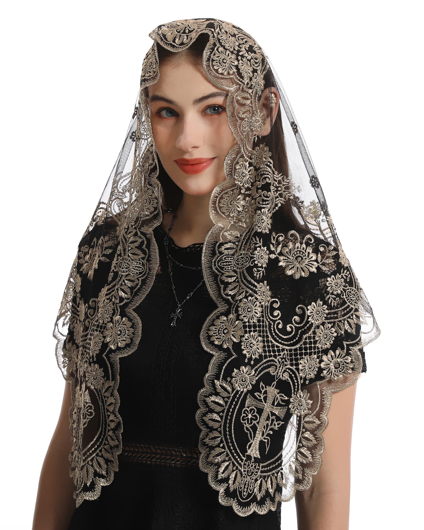 Bozidol Church Triangular Head covering - Cross Chalice Embroidered Vintage Church Veil for Women