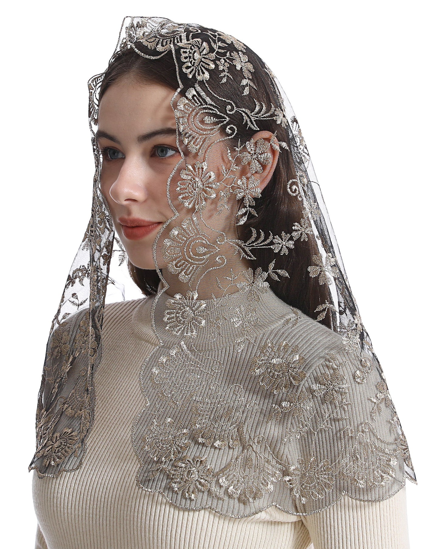 Bozidol Catholic Mantilla Church Veil Spanish Chapel Lace Mass Scarf Veil First Communion Veil for Religious Girls (White)