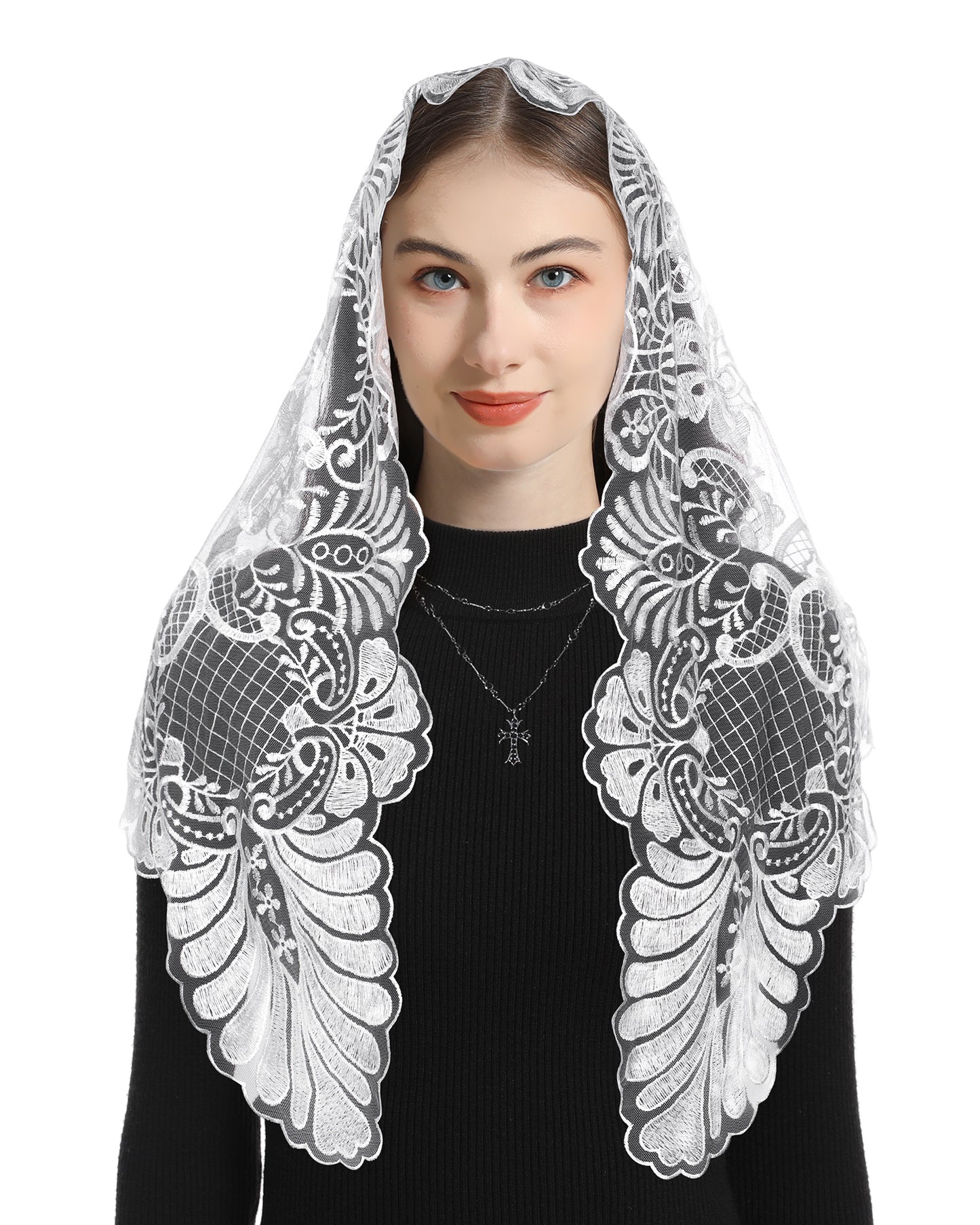 Bozidol Church Veil Catholic Mass Headband - Sacred Heart Embroidered Lace Triangle Headpiece Floral Church Veil
