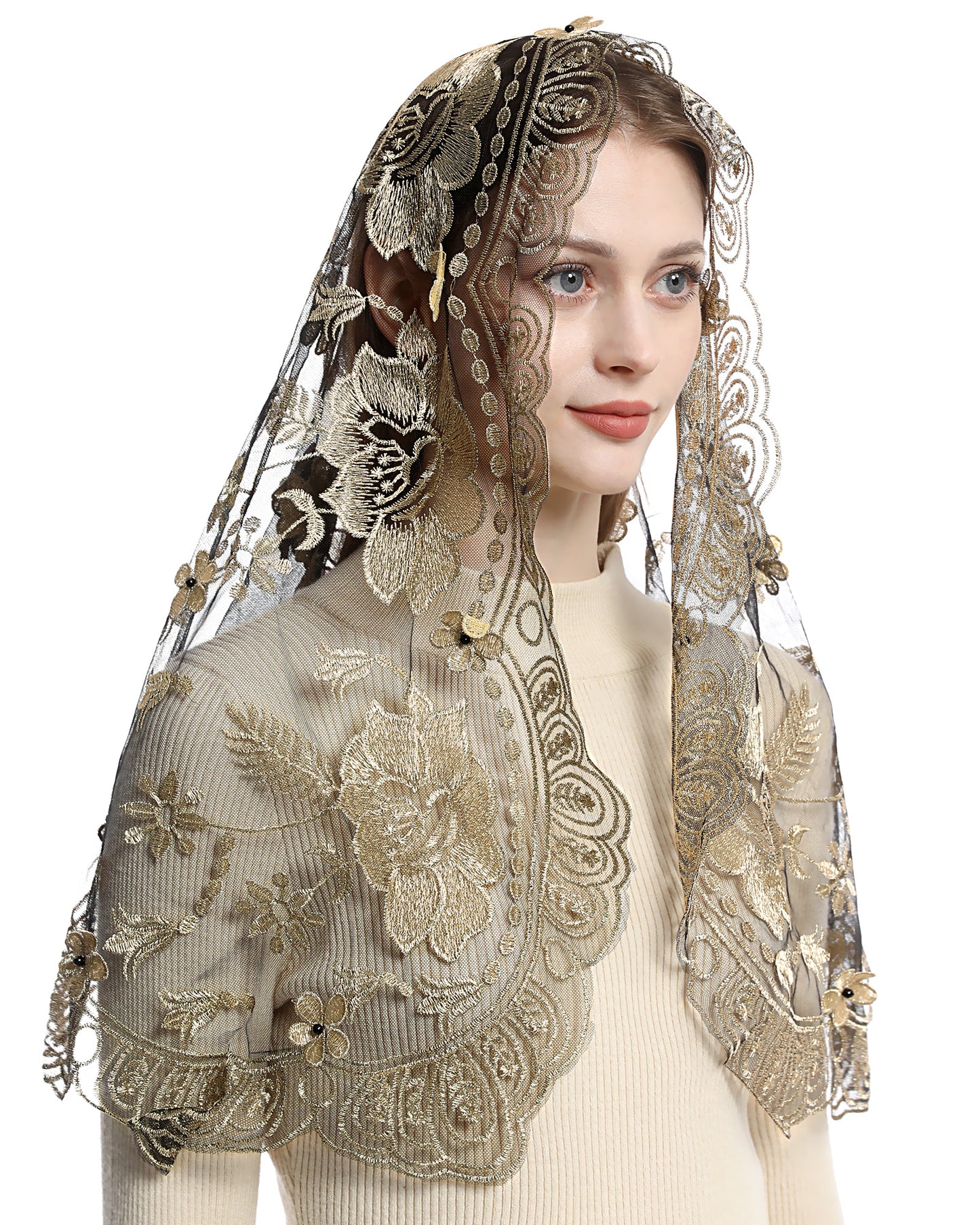 Bozidol Catholic Chapel Mantilla Veil Spanish Lace Head Covering Church Mass Veil for Religious Christian (Black-Gold)