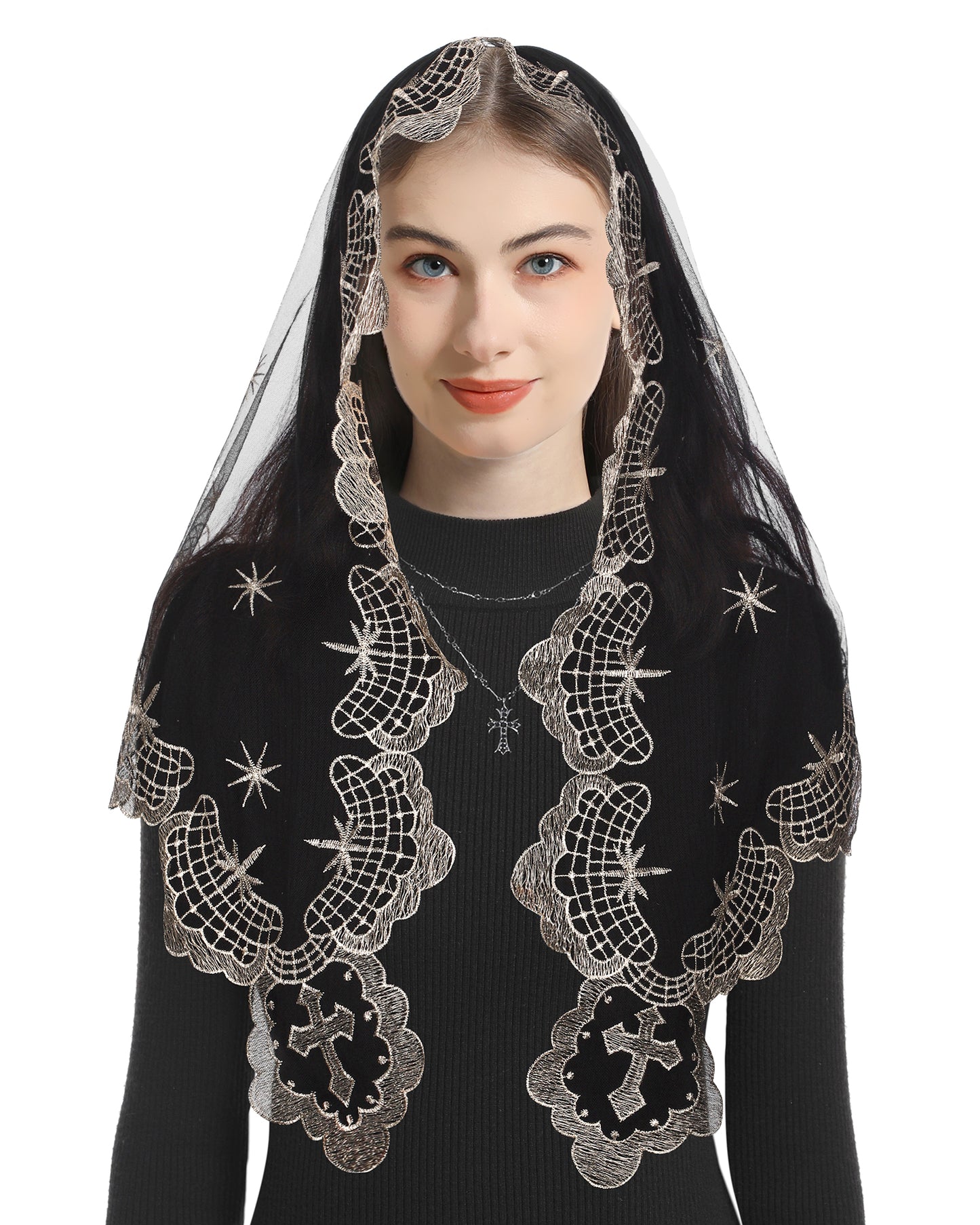 Bozidol Church Veil Triangular Mantilla - Cross Chalice Embroidered Vintage Catholic Mass Veil for Women