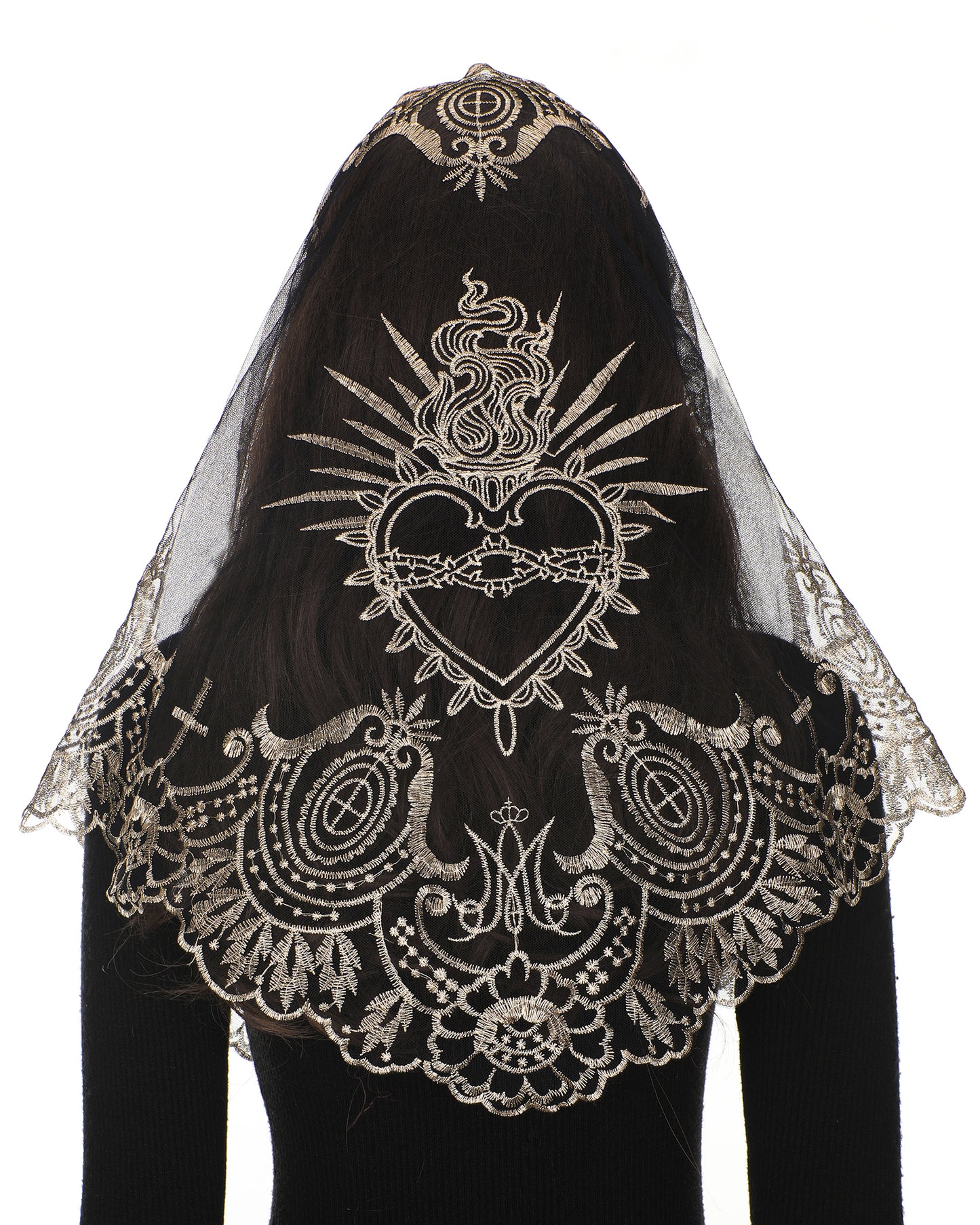 Bozidol Camellia Sacred Heart Cross Veil - Embroidered Sacred Heart Cross Church Wedding Veil with Camellia