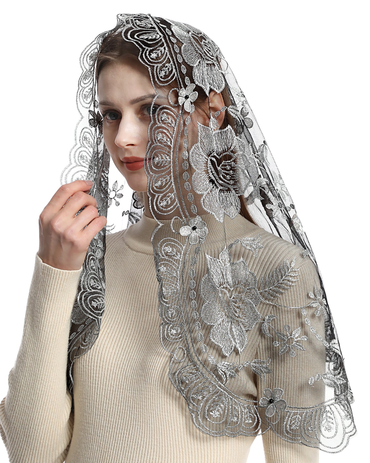 Bozidol Catholic Chapel Mantilla Veil Spanish Lace Head Covering Church Mass Veil for Religious Christian (Black-Gold)