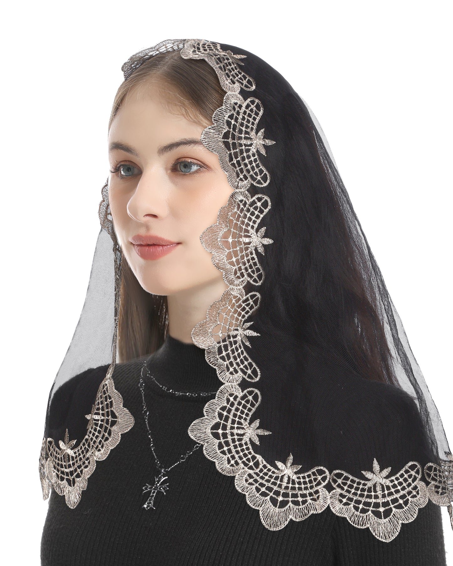Bozidol Church Veil Triangular Mantilla - Cross Chalice Embroidered Vintage Catholic Mass Veil for Women
