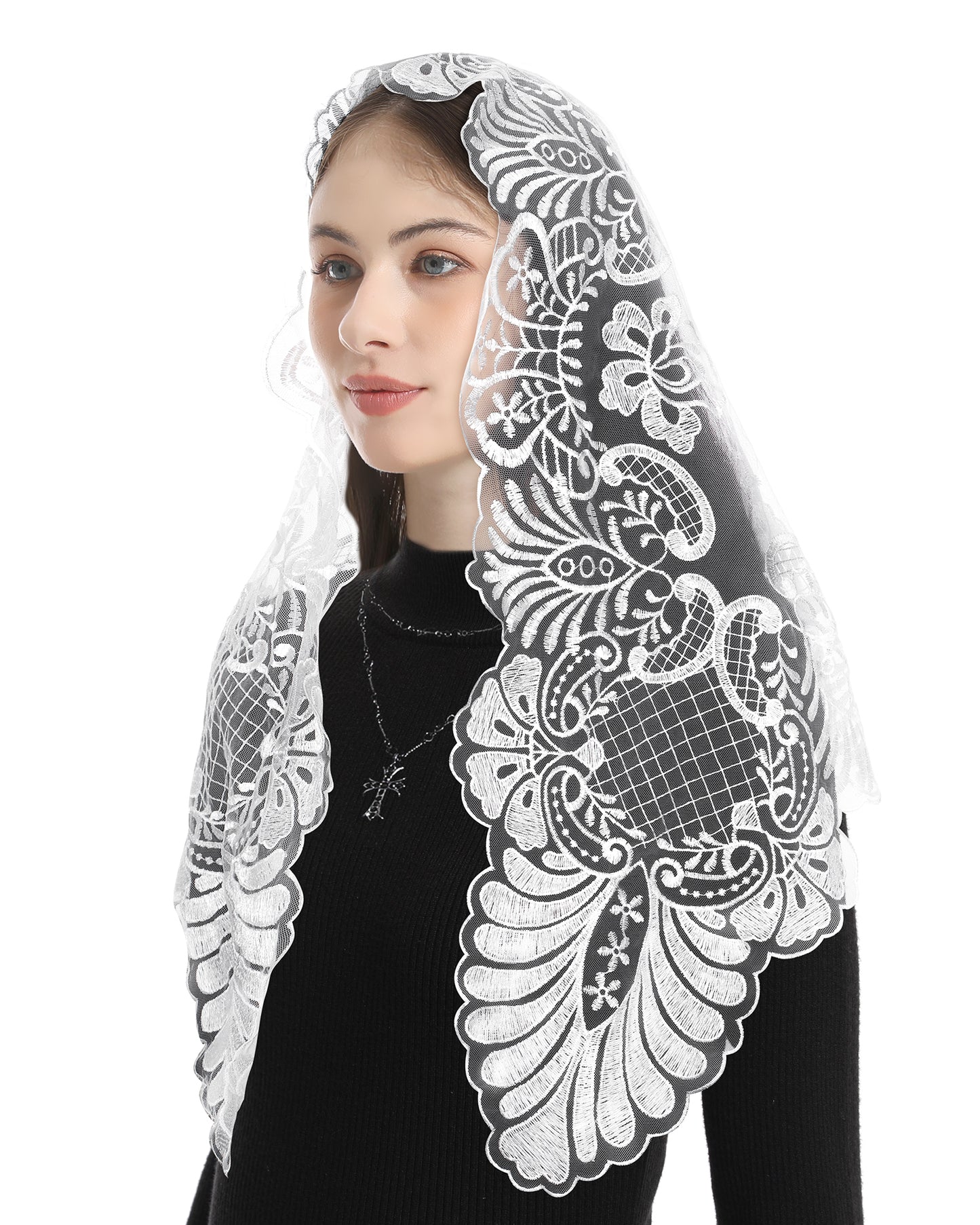 Bozidol Church Veil Catholic Mass Headband - Sacred Heart Embroidered Lace Triangle Headpiece Floral Church Veil