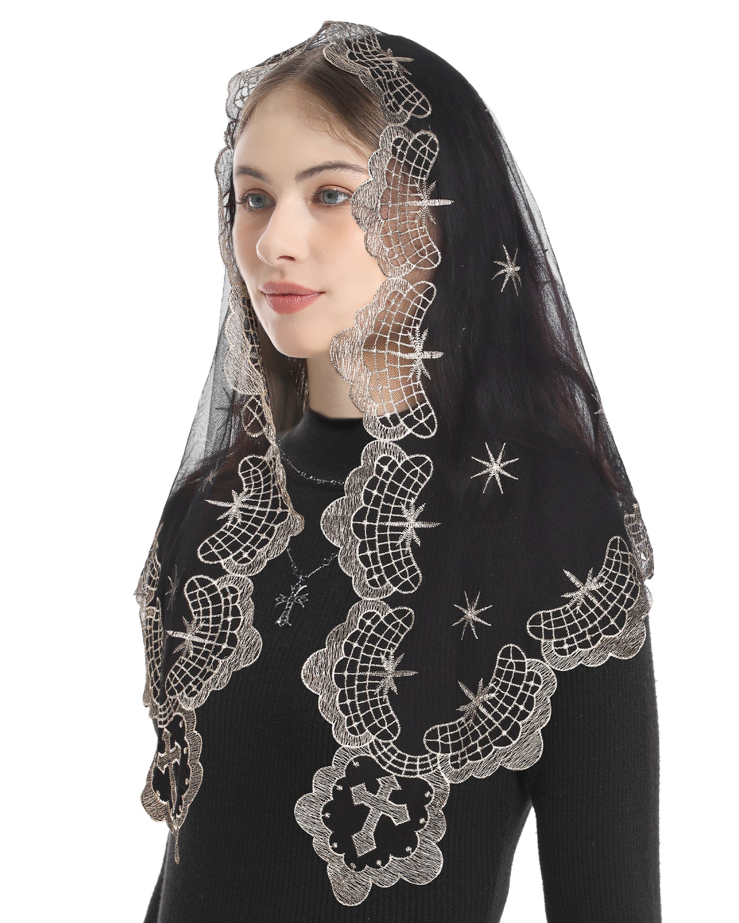 Bozidol Church Veil Triangular Mantilla - Cross Chalice Embroidered Vintage Catholic Mass Veil for Women