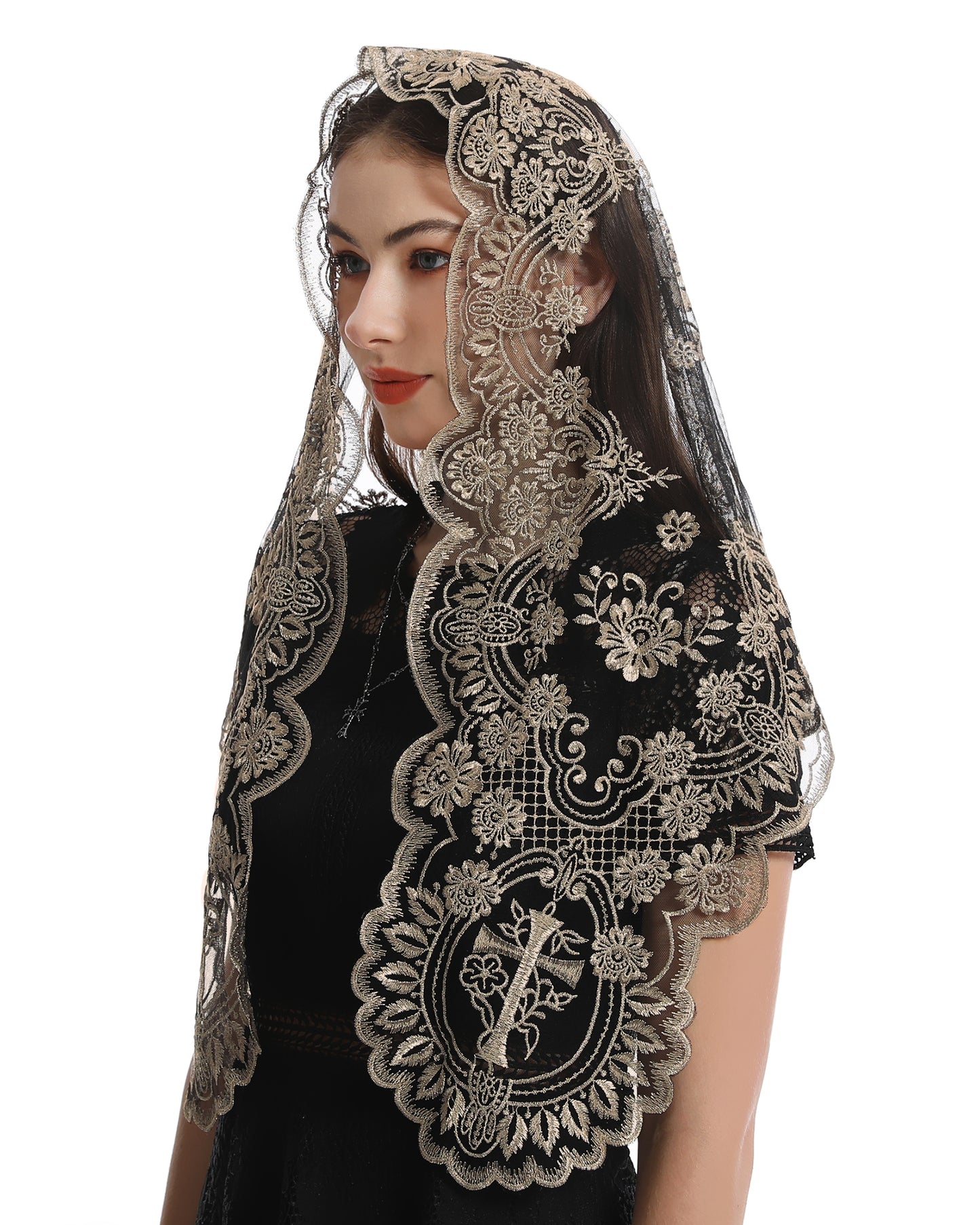 Bozidol Church Triangular Head covering - Cross Chalice Embroidered Vintage Church Veil for Women