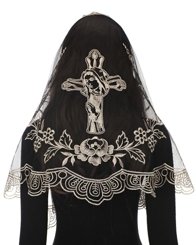 Bozidol Triangle Catholic Chapel Mantilla Veils Short Camellia Embroidery Latin Mass Scarf Church Lace Veil with Gift Box