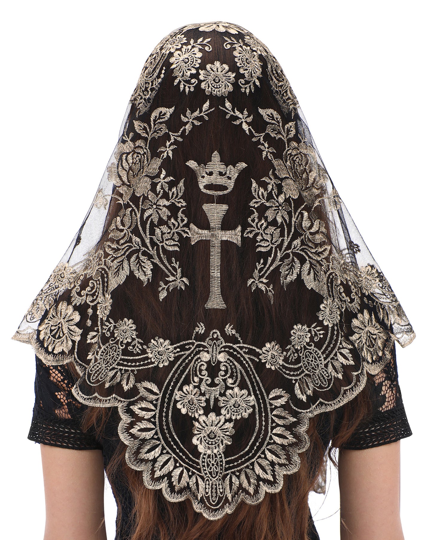 Bozidol Church Triangular Head covering - Cross Chalice Embroidered Vintage Church Veil for Women