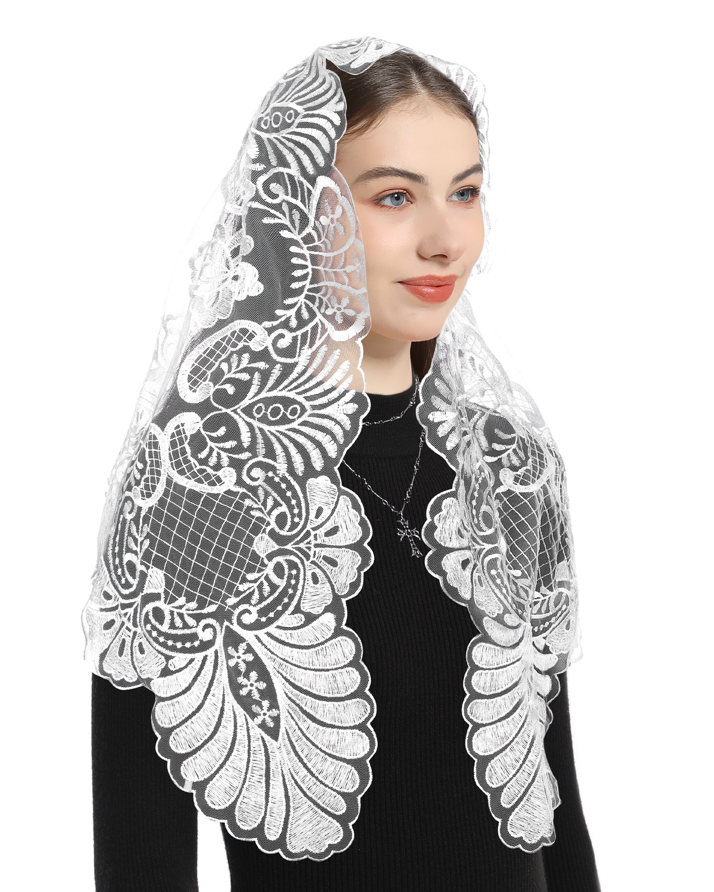 Bozidol Church Veil Catholic Mass Headband - Sacred Heart Embroidered Lace Triangle Headpiece Floral Church Veil