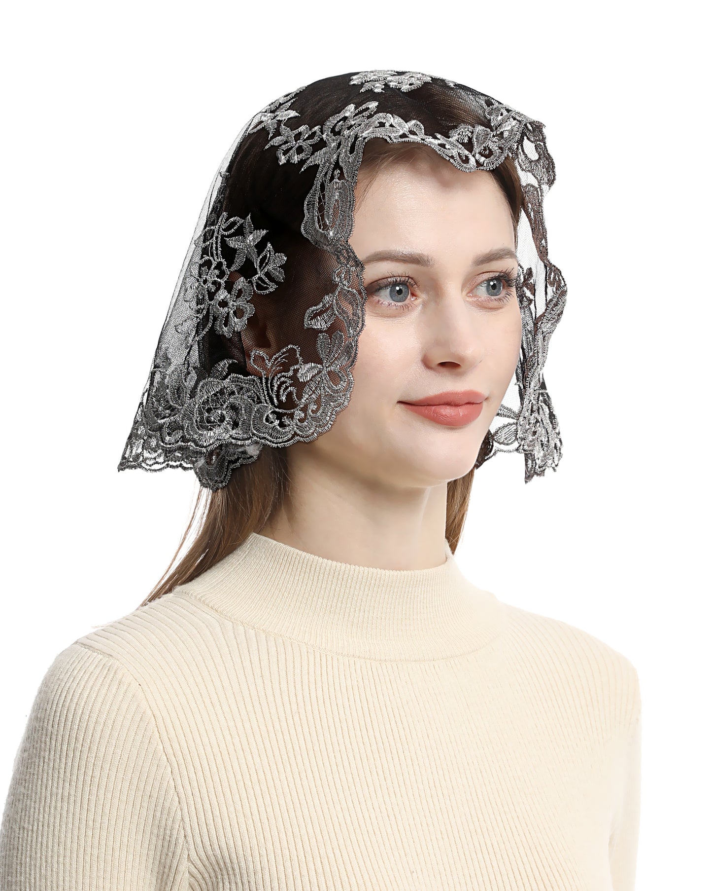 Bozidol Church Mantilla Catholic Veil Lace Religious Veil Spanish Chapel Head Covering for Women (Black-Gold)