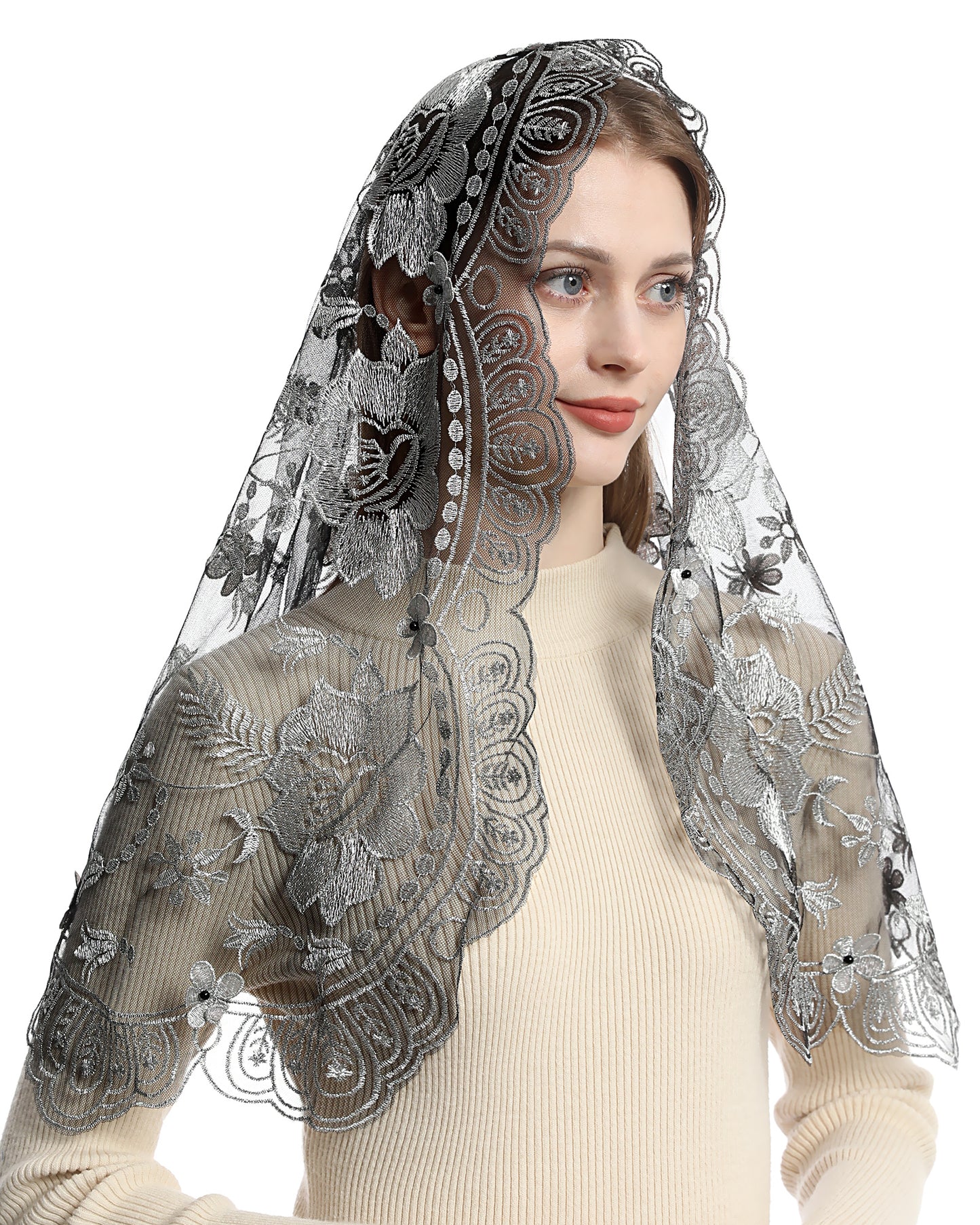 Bozidol Catholic Chapel Mantilla Veil Spanish Lace Head Covering Church Mass Veil for Religious Christian (Black-Gold)