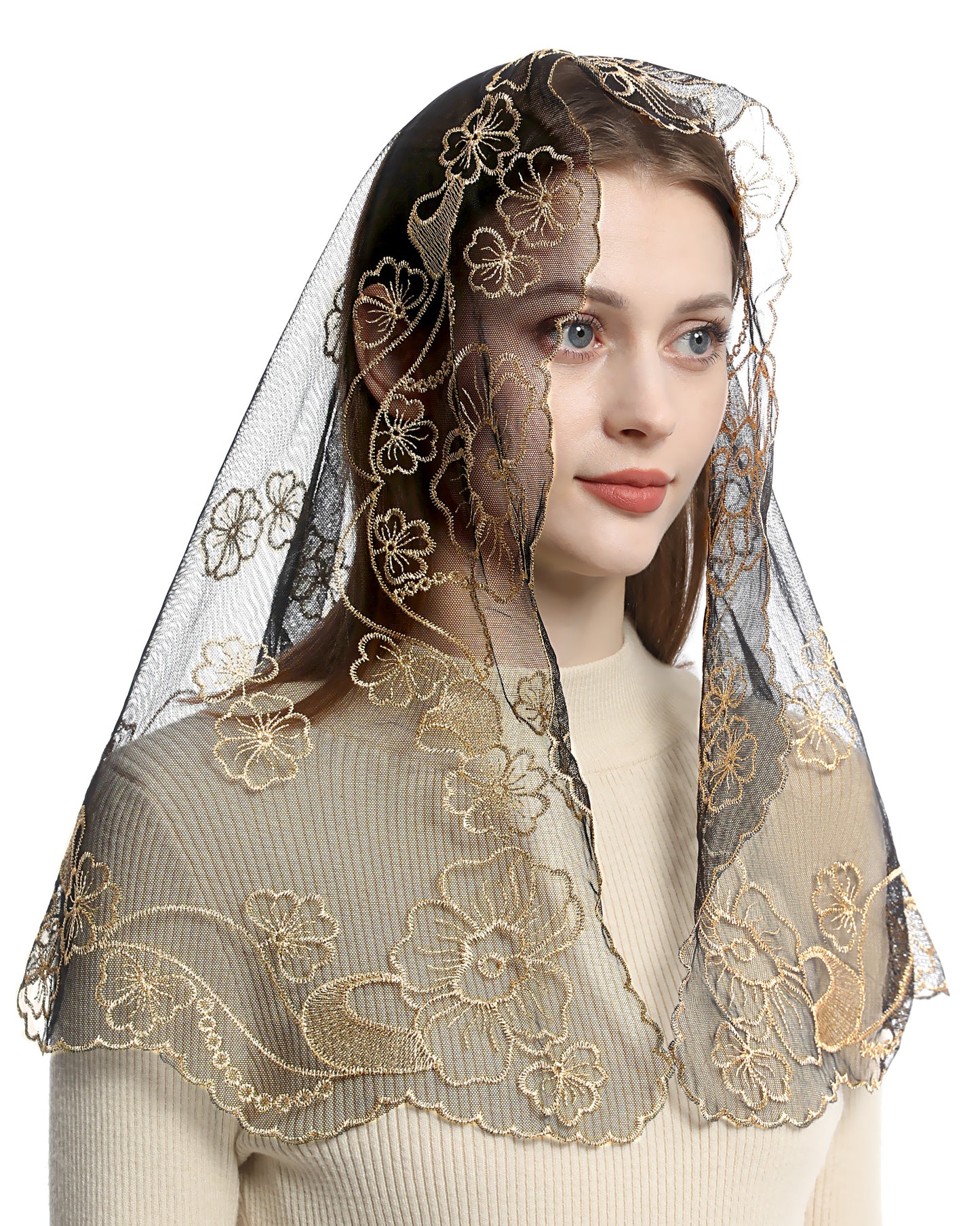 Bozidol Church Veil Lace Mantilla - D Shape Virgin Mary Embroidery Head Covering Spanish Catholic Mass Veil for Women