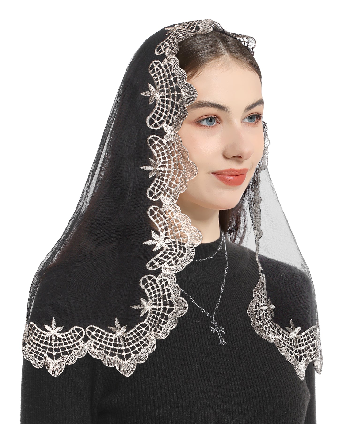 Bozidol Church Veil Triangular Mantilla - Cross Chalice Embroidered Vintage Catholic Mass Veil for Women