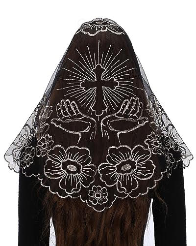Bozidol Church Veil Triangular Mantilla Cross Chalice Embroidered Vintage Catholic Mass Veil for Women