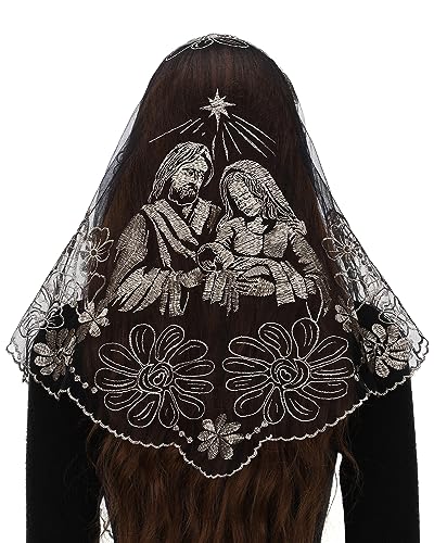 Bozidol Church Veil Triangular Mantilla Cross Chalice Embroidered Vintage Catholic Mass Veil for Women