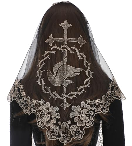 Bozidol Church Veil Triangular Mantilla Cross Chalice Embroidered Vintage Catholic Mass Veil for Women