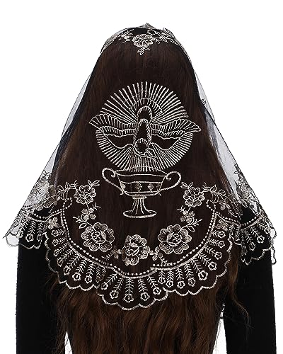 Bozidol Church Veil Triangular Mantilla Cross Chalice Embroidered Vintage Catholic Mass Veil for Women